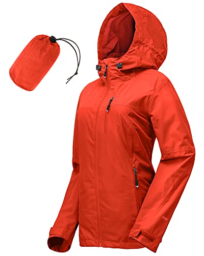 33,000ft Regenjacke Damen Wasserdicht Outdoorjacke Atmungsaktiv Herbst Übergangsjacke Leichte Jacke mit Kapuze Windbreaker zum Wandern Reisen Treking Fahrrad Orange 44 von 33,000ft