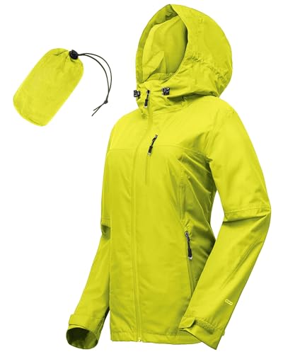 33,000ft Regenjacke Damen Wasserdicht Outdoorjacke Atmungsaktiv Herbst Übergangsjacke Leichte Jacke mit Kapuze Windbreaker zum Wandern Reisen Treking Fahrrad Zitronengrün 42 von 33,000ft