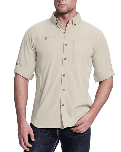 33,000ft Safari Hemd Herren Langarm Sportshemd UPF50+ UV Schutz Funktionshemd Atmungsaktiv Button-Down-Hemd mit Taschen für Wandern Angeln Reisen Khaki S von 33,000ft