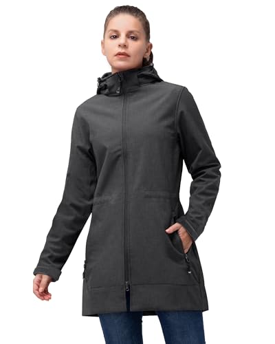 33,000ft Softshelljacke Damen Lange Übergangsjacke Wasserdicht Winddicht Softshellmantel Windbreaker Atmungsaktiv Wanderjacke Outdoor Mantel mit Abnehmbarer Kapuze Dunkelgrau, 36 von 33,000ft