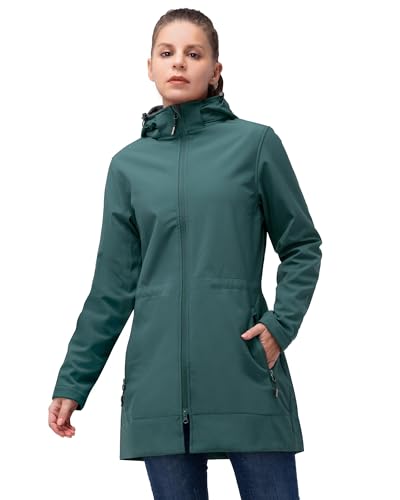 33,000ft Softshelljacke Damen Lange Übergangsjacke Wasserdicht Winddicht Softshellmantel Windbreaker Atmungsaktiv Wanderjacke Outdoor Mantel mit Abnehmbarer Kapuze, Dunkelgrün 2XL von 33,000ft