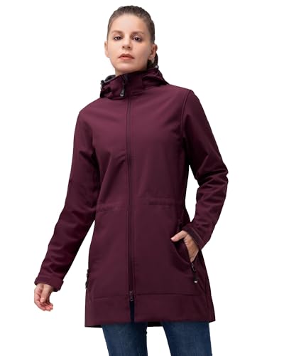 33,000ft Softshelljacke Damen Lange Übergangsjacke Wasserdicht Winddicht Softshellmantel Windbreaker Atmungsaktiv Wanderjacke Outdoor Mantel mit Abnehmbarer Kapuze, Himbeerrot XL von 33,000ft