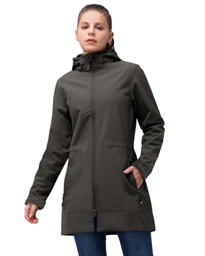 33,000ft Softshelljacke Damen Lange Übergangsjacke Wasserdicht Winddicht Softshellmantel Windbreaker Atmungsaktiv Wanderjacke Outdoor Mantel mit Abnehmbarer Kapuze Dunkel Khaki XS von 33,000ft