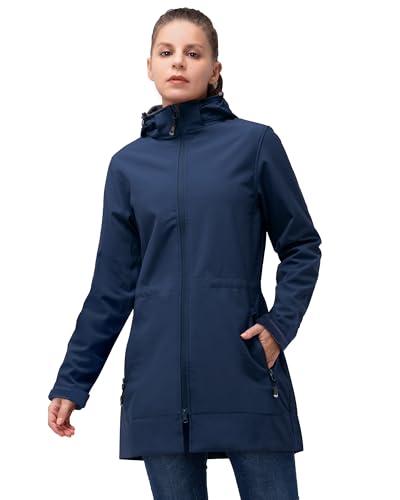 33,000ft Softshelljacke Damen Lange Übergangsjacke Wasserdicht Winddicht Softshellmantel Windbreaker Atmungsaktiv Wanderjacke Outdoor Mantel mit Abnehmbarer Kapuze Dunkelblau S von 33,000ft