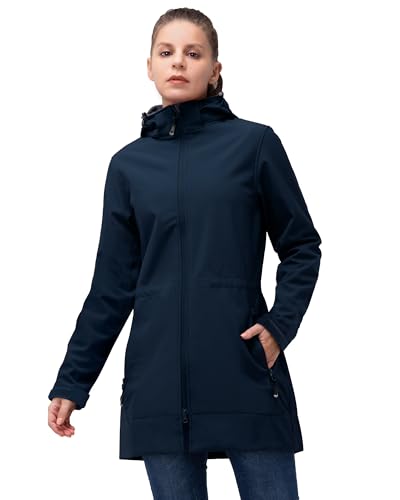 33,000ft Softshelljacke Damen Lange Übergangsjacke Wasserdicht Winddicht Softshellmantel Windbreaker Atmungsaktiv Wanderjacke Outdoor Mantel mit Abnehmbarer Kapuze Juwel Blau L von 33,000ft