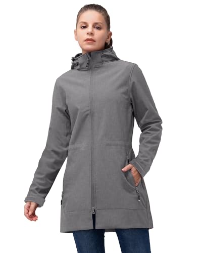 33,000ft Softshelljacke Damen Lange Übergangsjacke Wasserdicht Winddicht Softshellmantel Windbreaker Atmungsaktiv Wanderjacke Outdoor Mantel mit Abnehmbarer Kapuze von 33,000ft