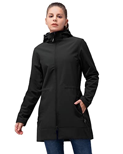 33,000ft Softshelljacke Damen Lange Übergangsjacke Wasserdicht Winddicht Softshellmantel Windbreaker Atmungsaktiv Wanderjacke Outdoor Mantel mit Abnehmbarer Kapuze Schwarz 3XL von 33,000ft