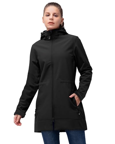 33,000ft Softshelljacke Damen Lange Übergangsjacke Wasserdicht Winddicht Softshellmantel Windbreaker Atmungsaktiv Wanderjacke Outdoor Mantel mit Abnehmbarer Kapuze Schwarz 2XL von 33,000ft
