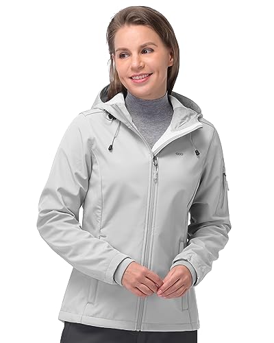 33,000ft Softshelljacke Damen Wasserdichte Atmungsaktive Warme Winterjacke Fleece Übergangsjacke Winddichte Funktionsjacke mit Kapuze Hellgrau 2XL von 33,000ft