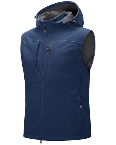 33,000ft Weste Herren Outdoor Wasserdichte Softshell Ärmellose Jacke Bodywarmer Fleece Weste mit Kapuze Full Zip Softshellweste Blau L von 33,000ft