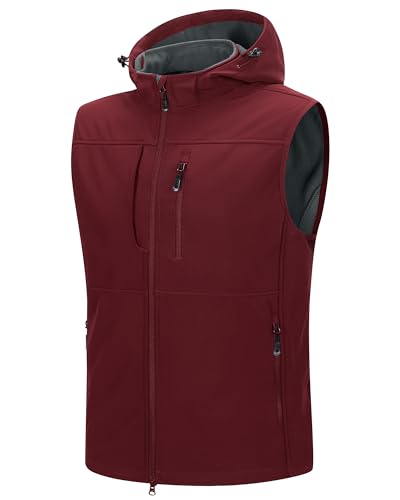 33,000ft Weste Herren Outdoor Wasserdichte Softshell Ärmellose Jacke Bodywarmer Fleece Weste mit Kapuze Full Zip Softshellweste Dunkelrot M von 33,000ft