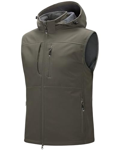 33,000ft Weste Herren Outdoor Wasserdichte Softshell Ärmellose Jacke Bodywarmer Fleece Weste mit Kapuze Full Zip Softshellweste Olivgrün L von 33,000ft