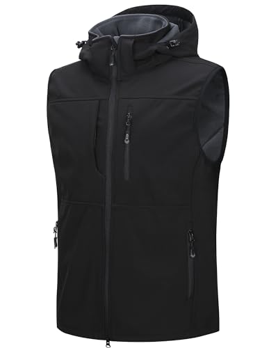 33,000ft Weste Herren Outdoor Wasserdichte Softshell Ärmellose Jacke Bodywarmer Fleece Weste mit Kapuze Full Zip Softshellweste Schwarz M von 33,000ft