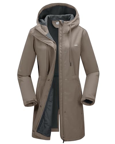 33.000ft Damen Leichte Softshelljacke mit Kapuze Wasserdicht Damen Funktionsjacke Fleece Gefüttert Windbreaker Atmungsaktiv Regenmantel Active Hooded Lange Mäntel für Radfahren Wandern Outdoor, khaki von 33,000ft