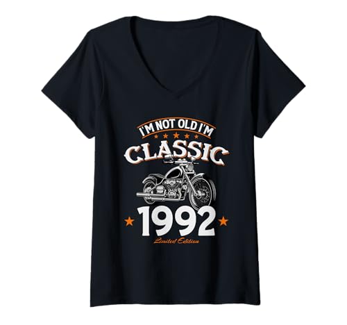 Damen 33. Geburtstag Mann Geschenk Motorrad Motorradfahrer 1992 T-Shirt mit V-Ausschnitt von 33. GEBURTSTAG BIKER 1992 VINTAGE 33 JAHRE DEKO
