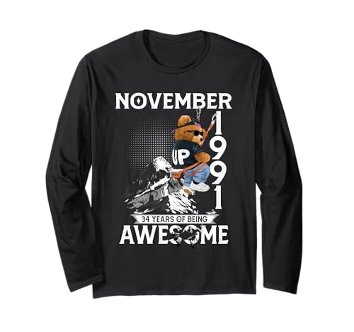 34th Birthday Bear Legends November 1991 34 Years Old Men Langarmshirt von 34 Years Old Awesome Cool Bear Since November 1991