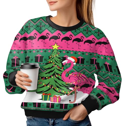 34HD Flamingo Ugly Christmas Sweater 2024 Lustiges Sweatshirt Langarm Rundhalsausschnitt Flamingo Geschenke für Frauen, Weihnachtsbaum-Flamingo, L von 34HD