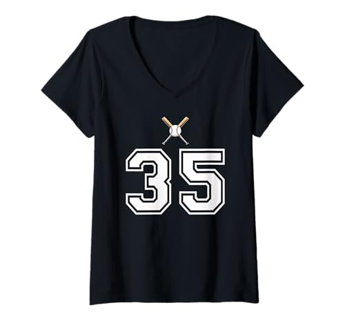 Damen 35 Nummer Baseball Style Vintage Weiß T-Shirt mit V-Ausschnitt Damen 35 Nummer Baseball Style Vintage Weiß T-Shirt mit V-Ausschnitt von 35 Nummer Baseball Style Weiß