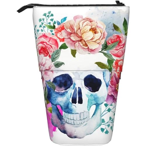 351 Federmäppchen Aquarell Blumenschädel Make-Up Tasche Grosse Kapazität Federmäppchen Reißverschluss, Für Bürobedarf, Mädchen, Jungen von 351