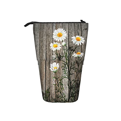 351 Federmäppchen Gänseblümchen Vintage Alte Holzbrettstruktur Weiße Kleine Blumen Gänseblümchen Bauernhaus Federtasche Kindergarten Schlampermäppchen Grosse Kapazität Damen Federmäppchen Mädchen von 351