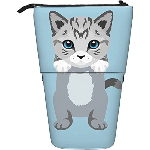 351 Federmäppchen Graues Kätzchen, Niedliche Tierkatze, Cartoon Malerei, Blauer Hintergrund Student Federmäppchen Mit Reißverschluss Mädchen Make-Up Tasche Grosse Kapazität Damen Bleistifte Tasche von 351