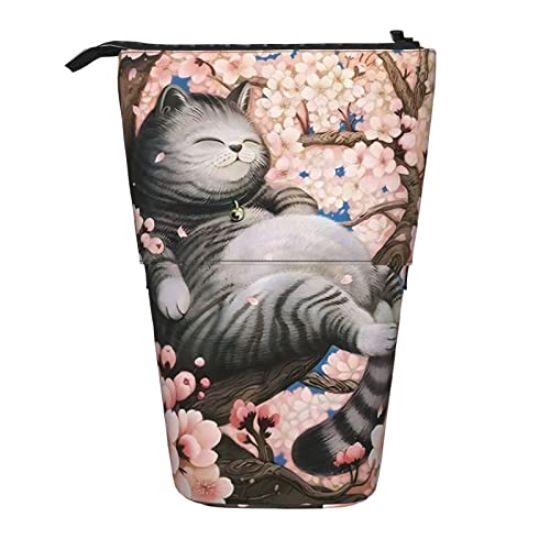 351 Federmäppchen Niedliche Fette Katze, Die Auf Kirschbaum Rosa Blütenblättern Aquarell Tierblumen Kunstmalerei Liegt Make-Up Tasche Jungen Federtasche Grosse Kapazität Kindergarten Stifteetui von 351