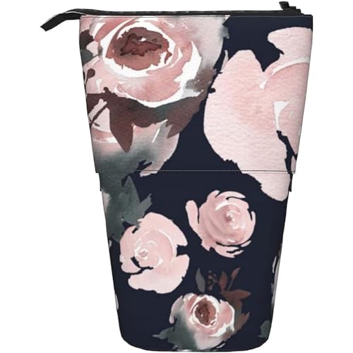 351 Federmäppchen Rosa Aquarell Rosen, Dunkelmarineblaue Blume Bleistifte Tasche Mit Reißverschluss Stehbleistiftbeutel, Für Schüler, Damen, Schule von 351