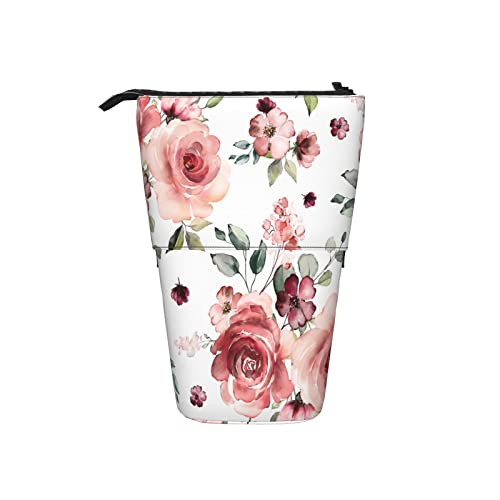 351 Federmäppchen Rosen Blumen Aquarell Malerei Rosa Rosen Blumen Grün Blätter Stand Federmäppchen Grosse Kapazität Bürobedarf Bleistifte Tasche Mit Reißverschluss Jungen Stehbleistiftbeutel von 351