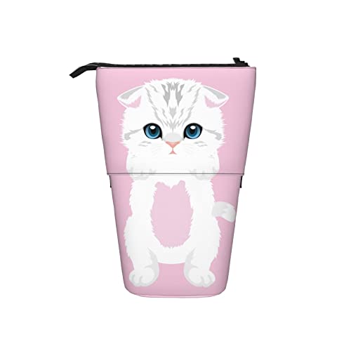 351 Federmäppchen Weißes Kätzchen, Niedliche Tierkatze, Cartoon Malerei, Rosa Hintergrund Ständer Bleistifthalter Grosse Kapazität Bürobedarf Federmäppchen Mädchen Schule Make-Up Tasche von 351