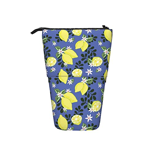 351 Federmäppchen Zitronenfrucht, Weiße Blumen, Blau Make-Up Tasche Mit Reißverschluss Federtasche, Für Büro, Damen, Kindergarten von 351