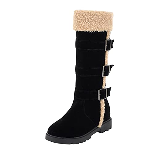 351 Schneeboots 26 einfarbig Gürtelschnalle lange Stiefel warme dicke Sohlen innen hohe Baumwollstiefel Stiefeletten Damen Reiten (Black, 41) von 351