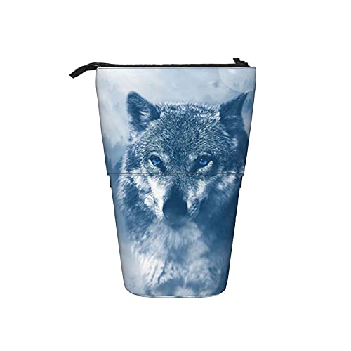 351 Teleskopisch Mäppchen Blauäugiger Wolf Bleistifte Tasche Mit Reißverschluss Stand Federmäppchen, Für Schüler, Kindergarten, Jungen von 351