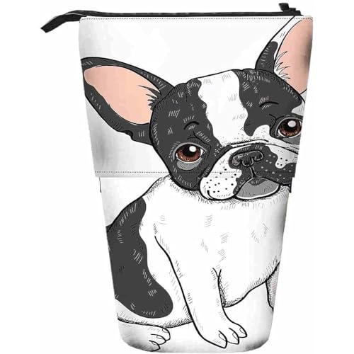 351 Teleskopisch Mäppchen Niedliche Cartoon Französische Bulldogge Stand Federmäppchen Mit Reißverschluss Bleistifte Tasche, Für Jungen, Schule, Mädchen von 351