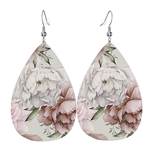 Lederohrringe Rosa Weiße Pfingstrosenblume Teardrop Ohrringe Mode Damen Ohrring Vintage-Stil Teardrop Leder Ohrringe, Für Mädchen, Braut Party, Geburtstagsfeier von 351