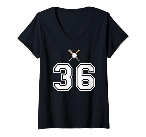 Damen 36 Nummer Baseball Style Vintage Weiß T-Shirt mit V-Ausschnitt Damen 36 Nummer Baseball Style Vintage Weiß T-Shirt mit V-Ausschnitt von 36 Nummer Baseball Style Weiß