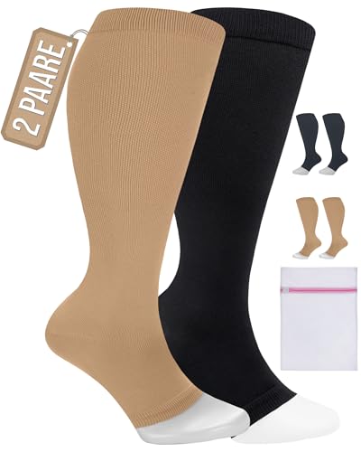 360 RELIEF 2 Pairs Compression Socks for Women & Men - Open Toe Graduated Compression Stockings, Flight Socks, Running, Nurses, Maternity, Pregnancy, XXL, Beige+Black + Laundry Bag von 360 RELIEF