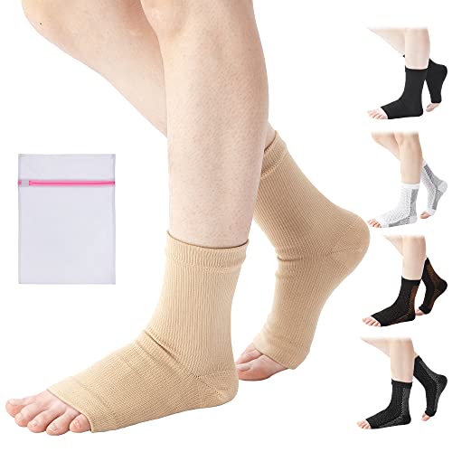 360 RELIEF Knöchel Kompressionssocken - Offene Zehen Kompressionsstrümpfe Damen und Herren - Knöchelstütze für Laufen, Sport, Fitnessstudio, Radfahren, L-XL Beige mit Mesh-Wäschesack von 360 RELIEF