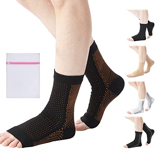 360 RELIEF Knöchel Kompressionssocken - Offene Zehen Kompressionsstrümpfe Damen und Herren - Knöchelstütze für Laufen, Sport, Fitnessstudio, Radfahren, S-M Schwarz/Braun mit Mesh-Wäschesack von 360 RELIEF