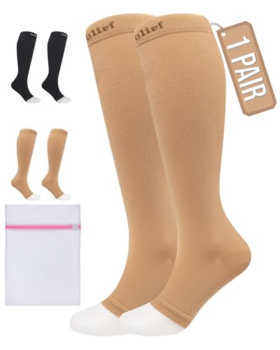 360 RELIEF Plus Size Ohne Zehen Kompressionsstrümpfe Damen und Herren - 15-20mmHg Stützstrümpfe fur Flug, Reise, Krampfadern - Klasse 1 Offene Spitze Thrombosestrümpfe 4XL Beige mit Wäschenetz von 360 RELIEF