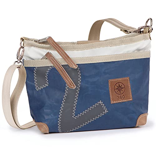 360° Grad Deern Lütt Umhänge-Tasche, Segeltuch-Tasche, Schulter-Tasche Damen, Crossover, blau weiß, Zahl grau, Gurt beige mit Karabinern, maritim, wetterfest von 360°