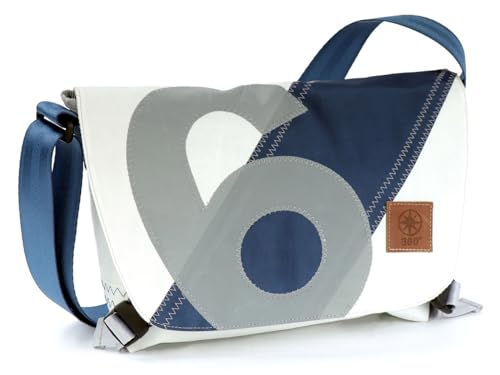 Umhängetasche Törn, recyceltes Segeltuch, Weiß/Blau graue Zahl von 360°