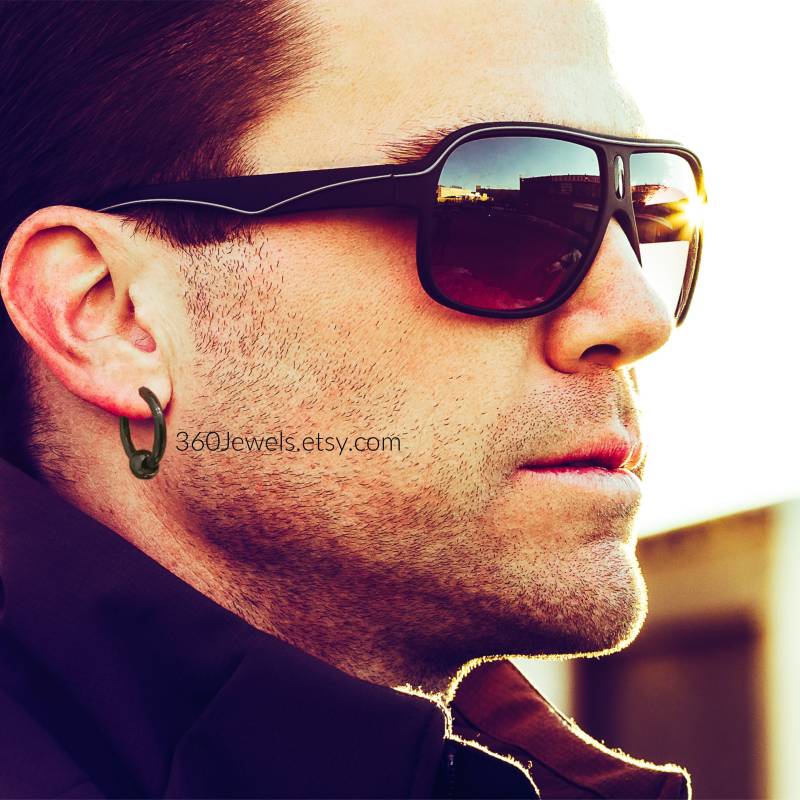 Fake Captive Hoop Ohrringe, Schwarze Ohrringe Aus Edelstahl, Mit Gauge, Huggie Runde Rand Perlen von 360Jewels