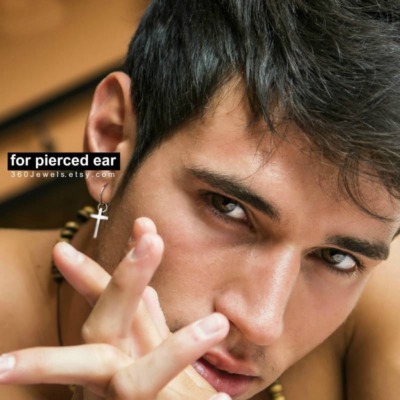 Kreuz Baumelnde Ohrringe, Ohrstecker Für Männer, Silber Glatte Hoop 18 Gauge Edelstahl Endlose 579Dcs von 360Jewels