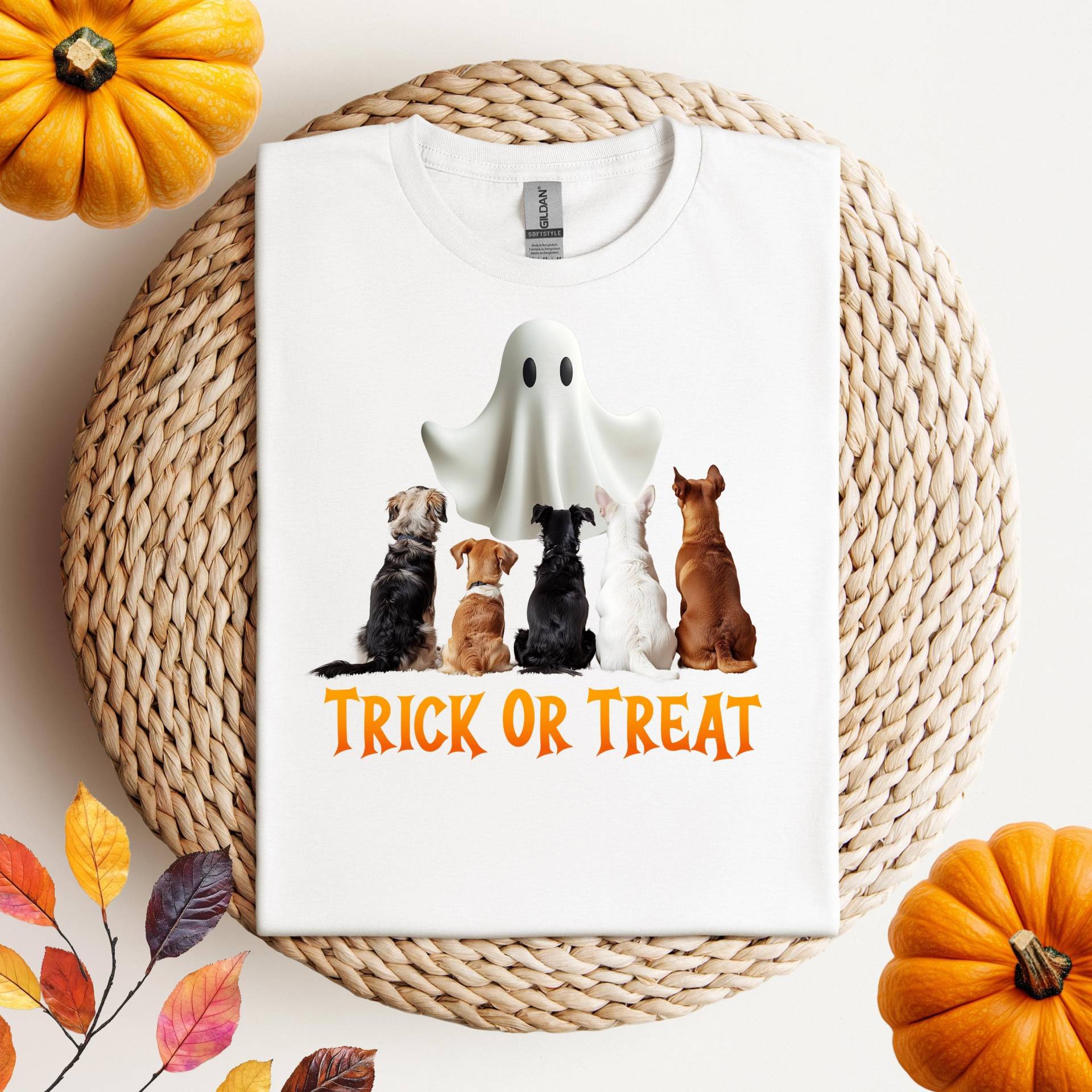 Halloween Unisex Trick Or Treat Tshirt, Weiches Bedrucktes Gespenst Hunde Frauen Grafik T Shirt, Gemütliches Freizeit Herren Party Top von 365TageFernweh