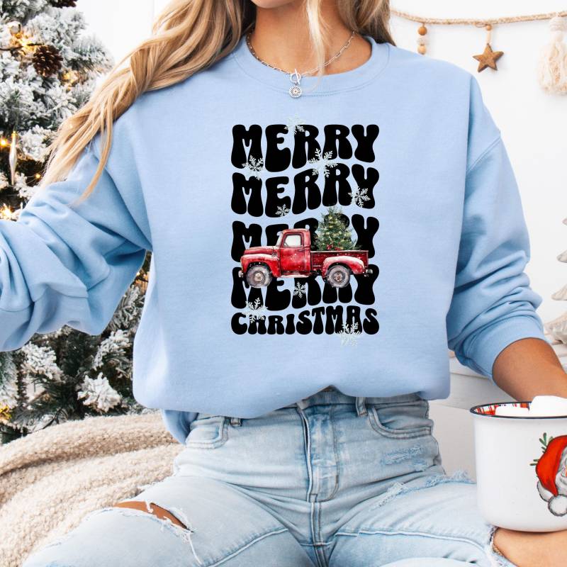 Merry Christmas Roter Pickup Retro Grafik Damen Sweatshirt, Softes Bedrucktes X-Mas Unisex Pullover, Gemütliches Herren Vintage Urlaub Top von 365TageFernweh