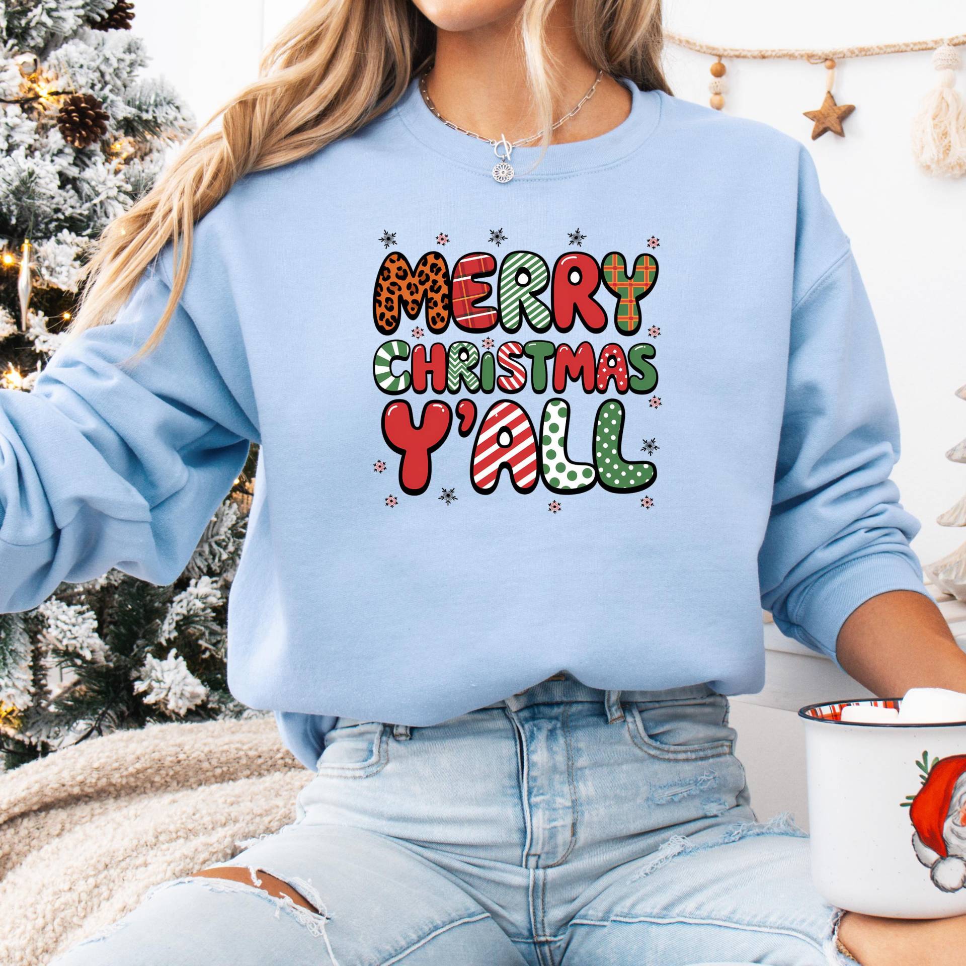 Merry Christmas Yall Retro Grafik Damen Sweatshirt, Softes Bedrucktes X-Mas Unisex Shirt, Gemütliches Herren Weihnachts Top Pullover von 365TageFernweh