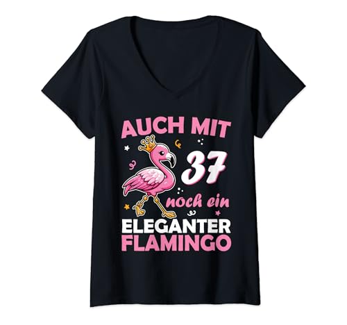 Damen 37. Geburtstag Frauen Mädchen Deko Lustig 37er 37 Jahre T-Shirt mit V-Ausschnitt von 37 Geburtstag Mädchen Geschenkidee lustig Flamingo