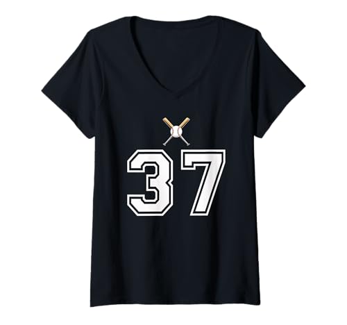 Damen 37 Nummer Baseball Style Vintage Weiß T-Shirt mit V-Ausschnitt von 37 Nummer Baseball Style Weiß