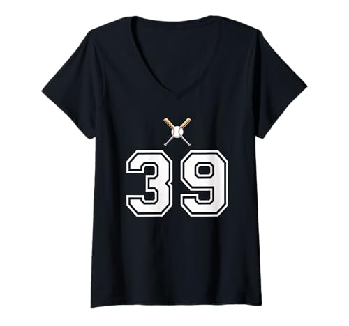 Damen 39 Nummer Baseball Style Vintage Weiß T-Shirt mit V-Ausschnitt Damen 39 Nummer Baseball Style Vintage Weiß T-Shirt mit V-Ausschnitt von 39 Nummer Baseball Style Weiß