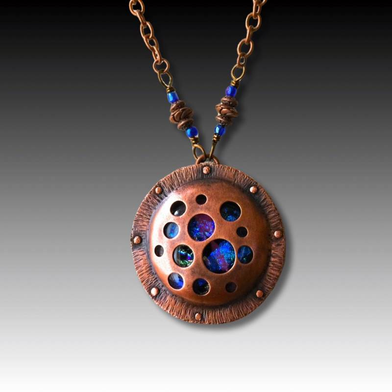 Rund Kupfer Blau Rosa Fusing Glas Anhänger Halskette - Lange Perlen Handgemachter Dichroic Schmuck Individuelles Design Unisex Rund Kupfer Blau Rosa Fusing Glas Anhänger Halskette - Lange Perlen Handgemachter Dichroic Schmuck Individuelles Design Unisex von 3DGlassDesigns
